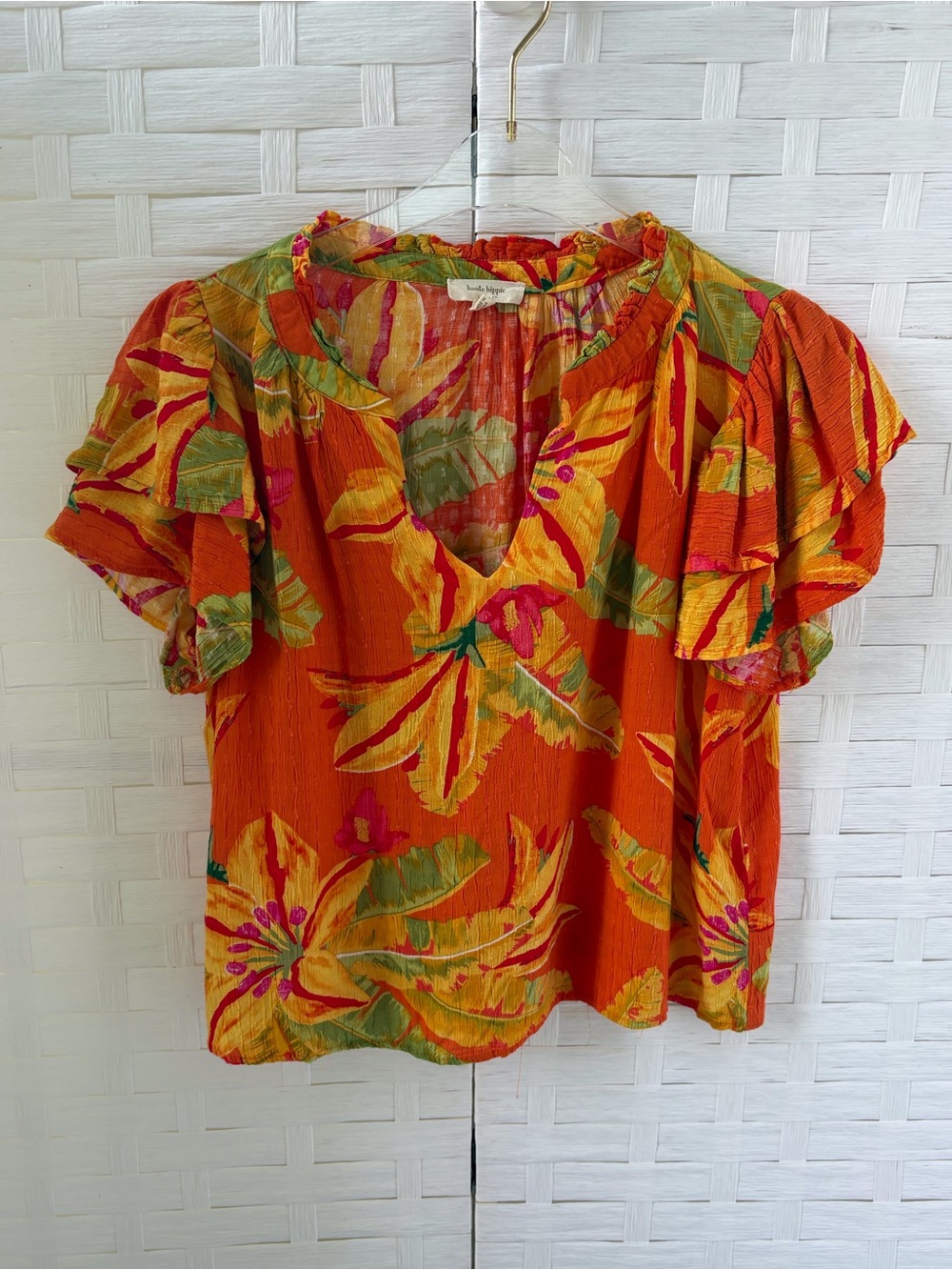 Haute Hippie Large Bright Tropical Top Short Flutter Sleeves‎ V Neck Cruise